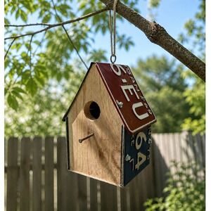 Handmade Vintage Michigan License Plate Birdhouse Cedar Wood Rustic Garden 1969